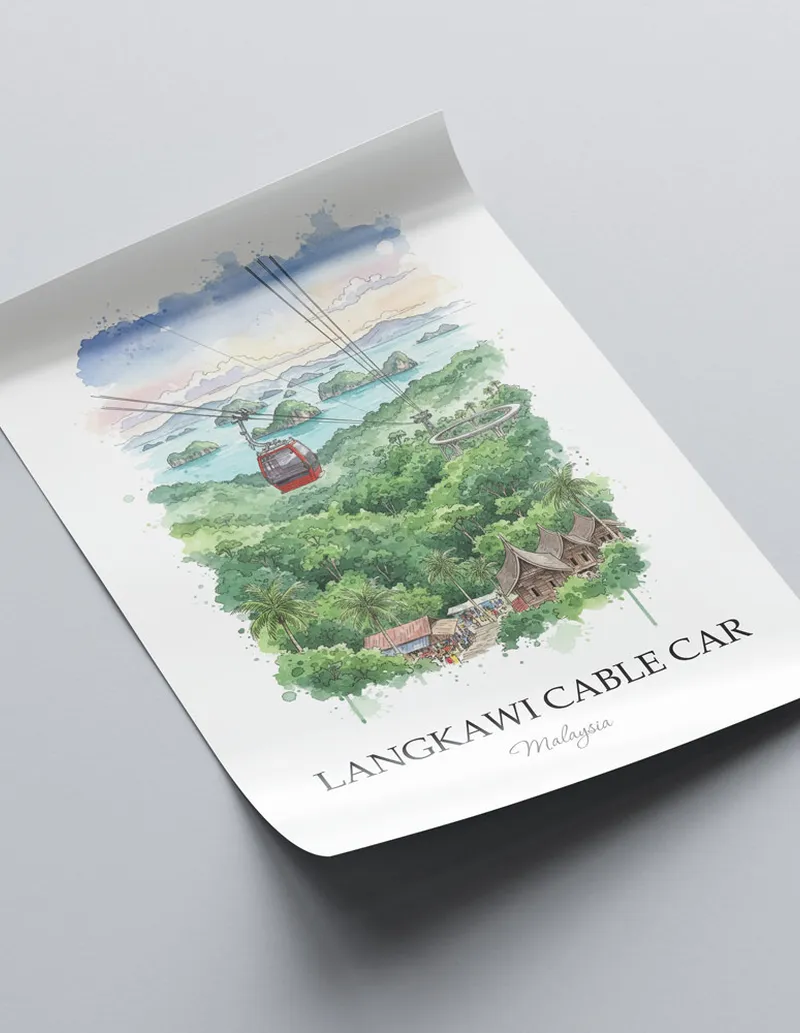 A clean and modern mockup showing a framed Langkawi Cable Car, Malaysia print on a minimalist background.