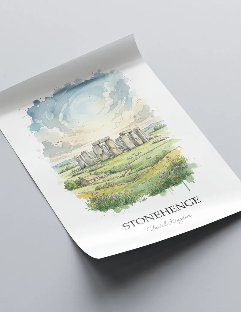 A close-up of a high-quality paper print featuring the Stonehenge in United Kingdom minimalist design.