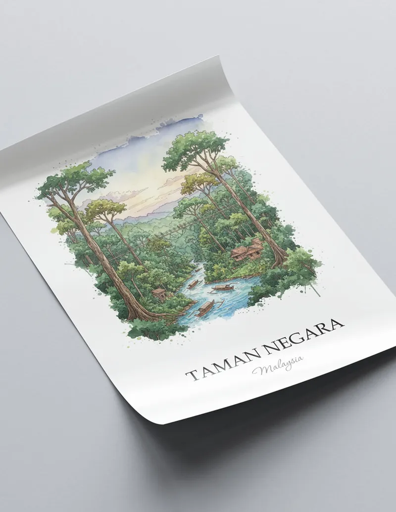 A clean and modern mockup showing a framed Taman Negara, Malaysia print on a minimalist background.