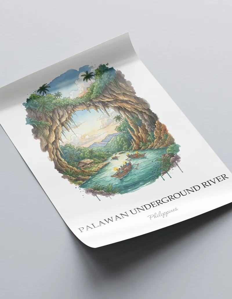 A clean and modern mockup showing a framed Palawan Underground River, Philippines print on a minimalist background.