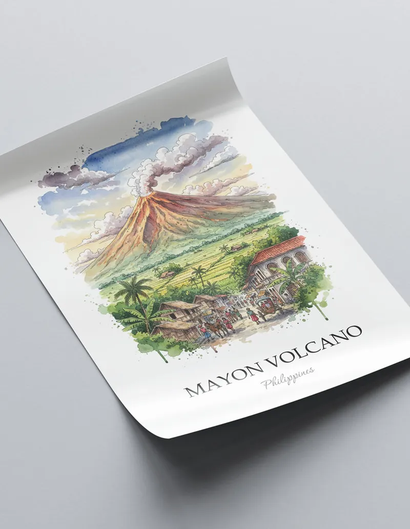A clean and modern mockup showing a framed Mayon Volcano, Philippines print on a minimalist background.