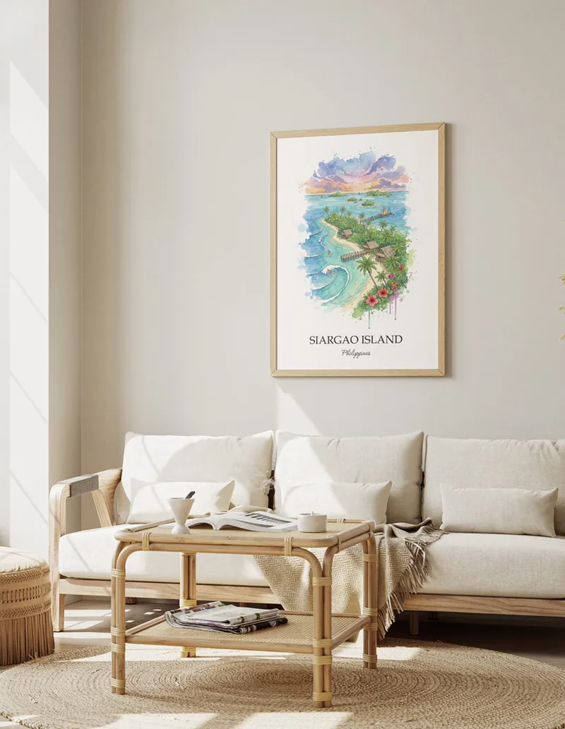 Minimalist poster of Siargao Island in Philippines in a light frame standing by a window in a boho style room.