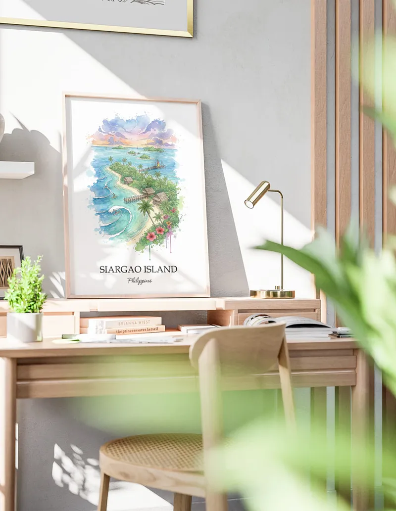 A gorgeous boho-inspired living space with a framed vintage travel poster of Siargao Island in Philippines on display.