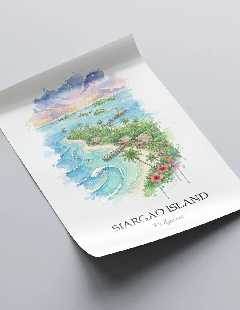 A clean and modern mockup showing a framed Siargao Island, Philippines print on a minimalist background.
