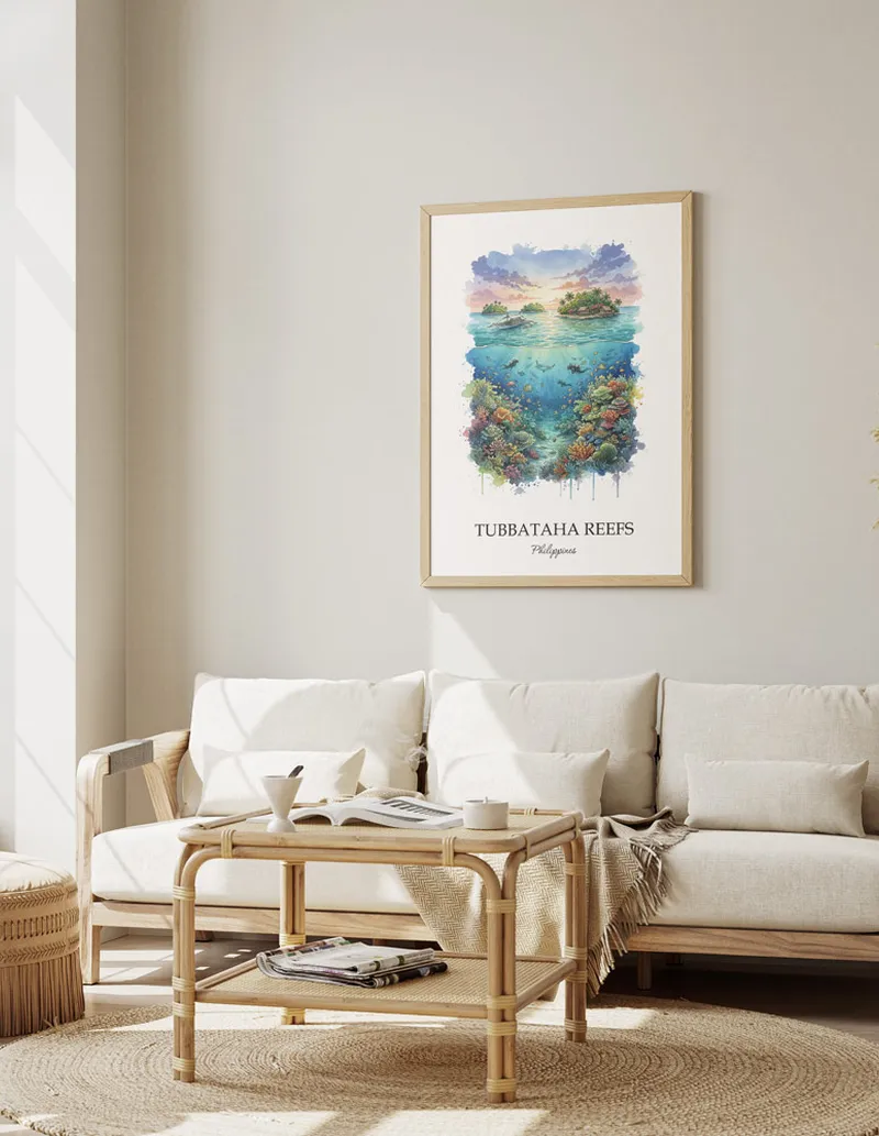 Minimalist poster of Tubbataha Reefs in Philippines in a light frame standing by a window in a boho style room.