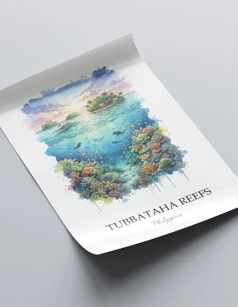 A clean and modern mockup showing a framed Tubbataha Reefs, Philippines print on a minimalist background.