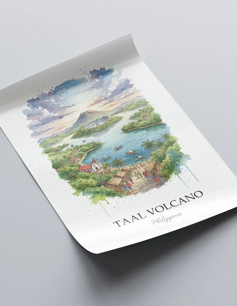 A clean and modern mockup showing a framed Taal Volcano, Philippines print on a minimalist background.