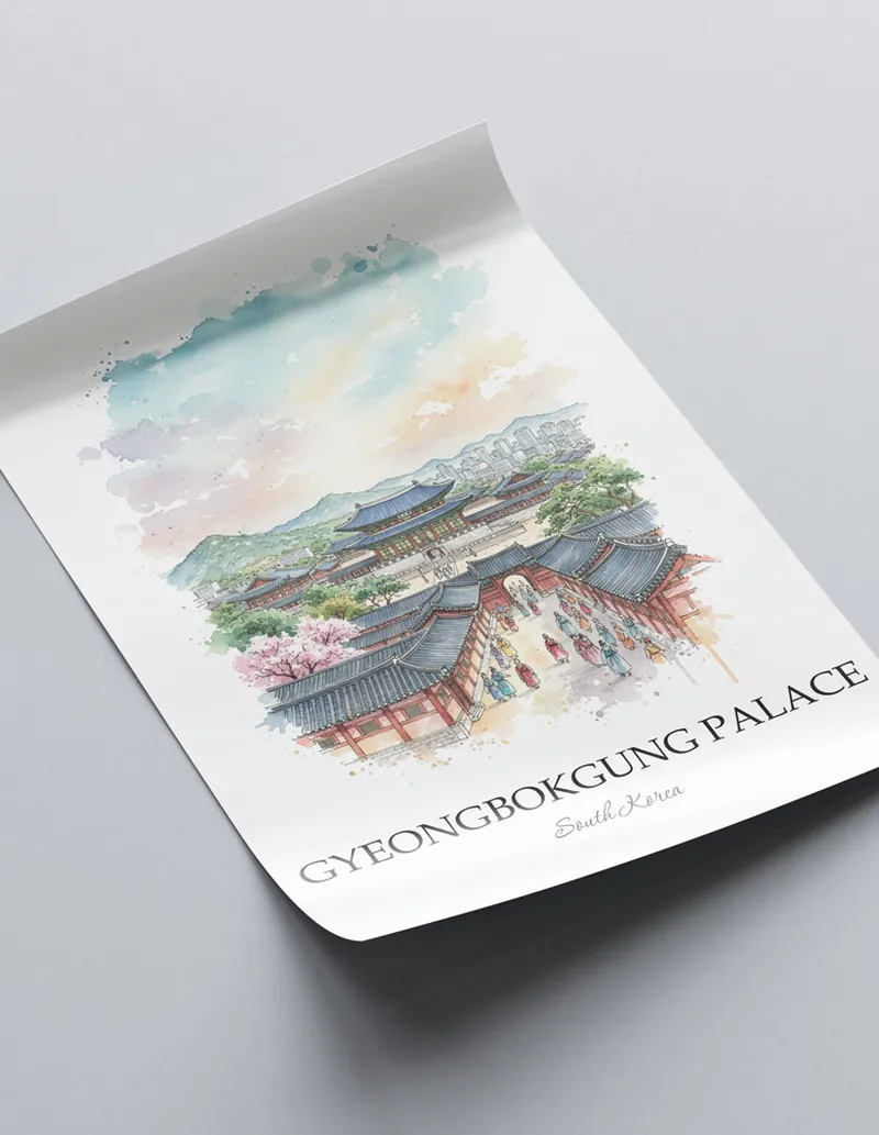 A clean and modern mockup showing a framed Gyeongbokgung Palace, South Korea print on a minimalist background.