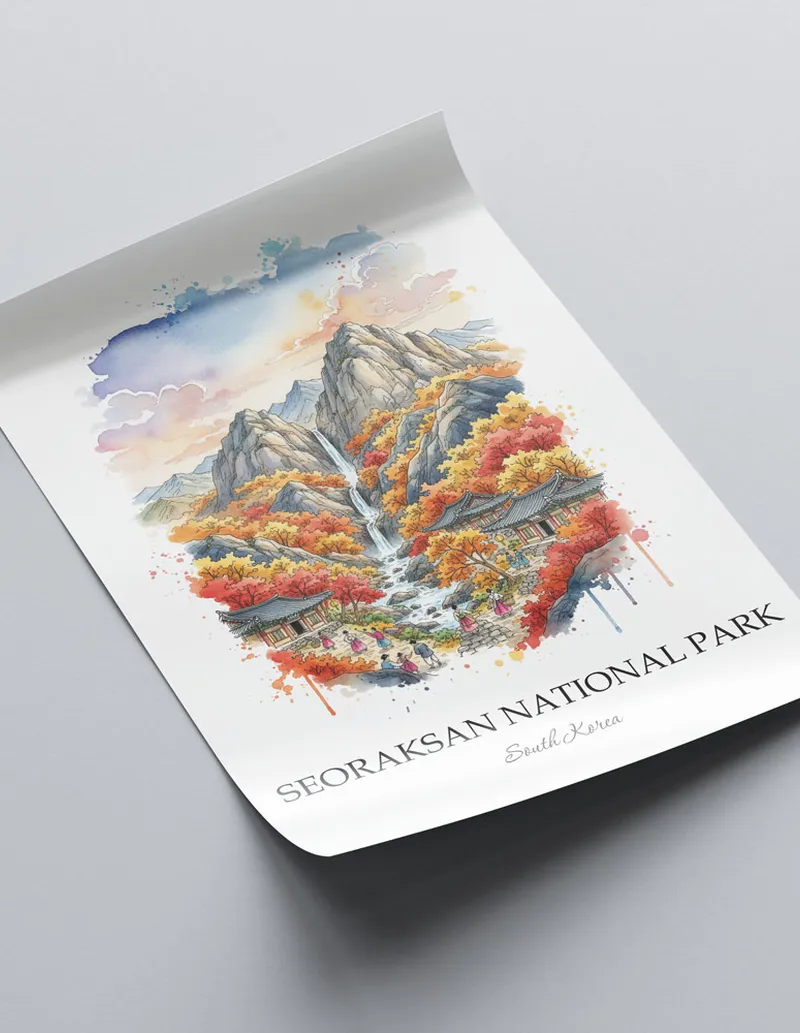 A clean and modern mockup showing a framed Seoraksan National Park, South Korea print on a minimalist background.