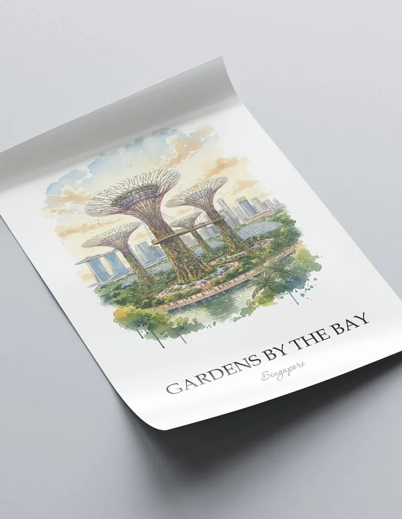 A clean and modern mockup showing a framed Gardens by the Bay, Singapore print on a minimalist background.