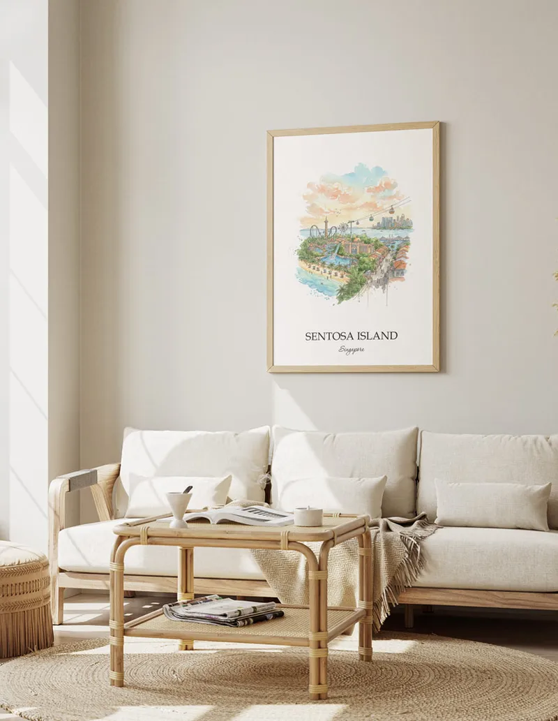 Framed wall art featuring Sentosa Island, Singapore in a light wood frame hanging above a sofa in a modern living room.