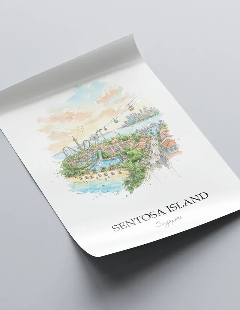 A close-up of a high-quality paper print featuring the Sentosa Island in Singapore minimalist design.