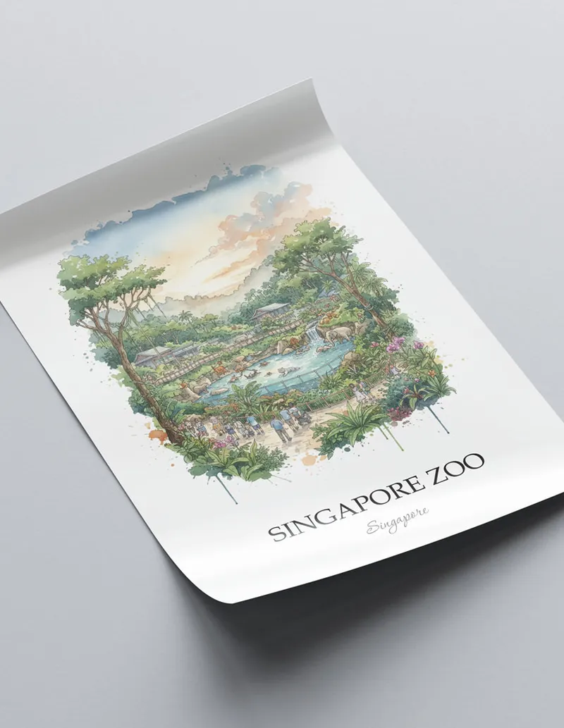 A close-up of a high-quality paper print featuring the Singapore Zoo in Singapore minimalist design.