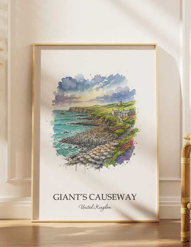 Framed wall art featuring Giant's Causeway in United Kingdom in a light wood frame leaning on the floor.