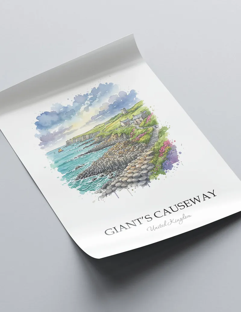 A close-up of a high-quality paper print featuring the Giant's Causeway in United Kingdom minimalist design.