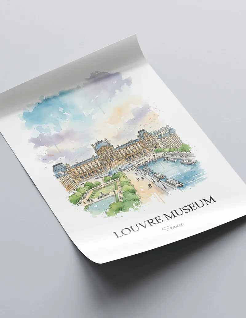 A close-up of a high-quality paper print featuring the Louvre Museum in France minimalist design.