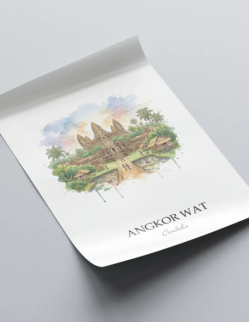 A close-up of a high-quality paper print featuring the Angkor Wat in Cambodia minimalist design.