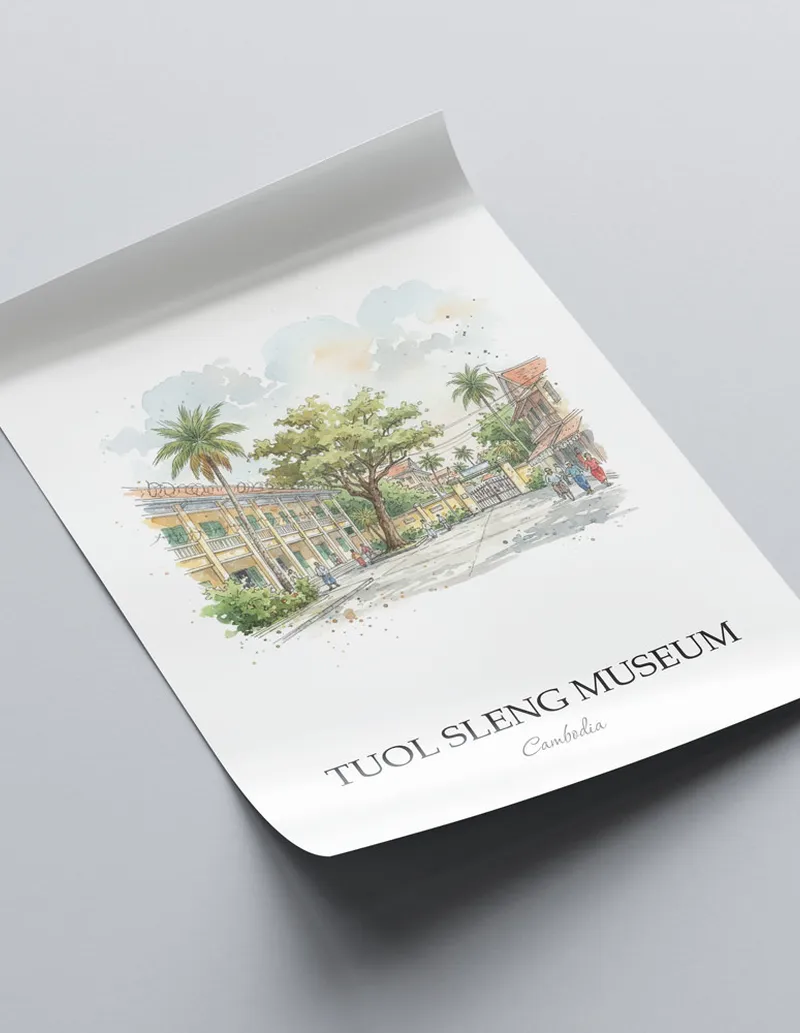 A close-up of a high-quality paper print featuring the Tuol Sleng Museum in Cambodia minimalist design.