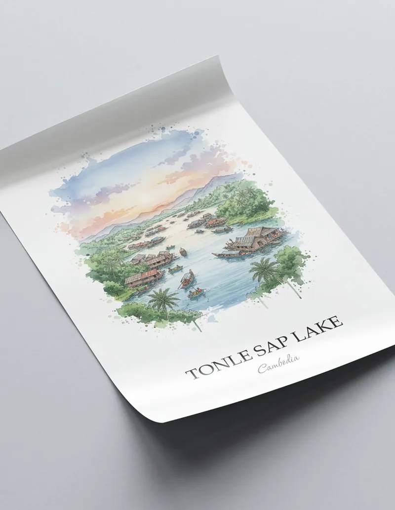 A close-up of a high-quality paper print featuring the Tonle Sap Lake in Cambodia minimalist design.