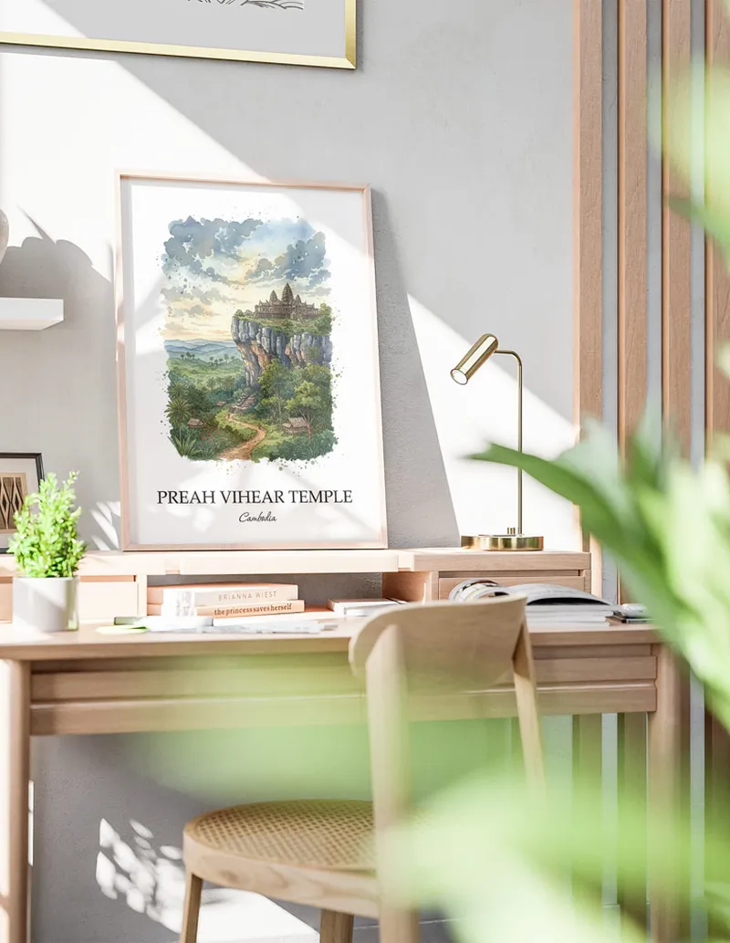 A clean and modern mockup showing a framed Preah Vihear Temple, Cambodia print on a minimalist background.
