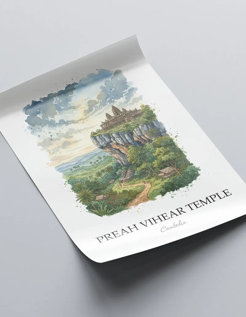 Framed wall art featuring Preah Vihear Temple in Cambodia in a light wood frame leaning on the floor.