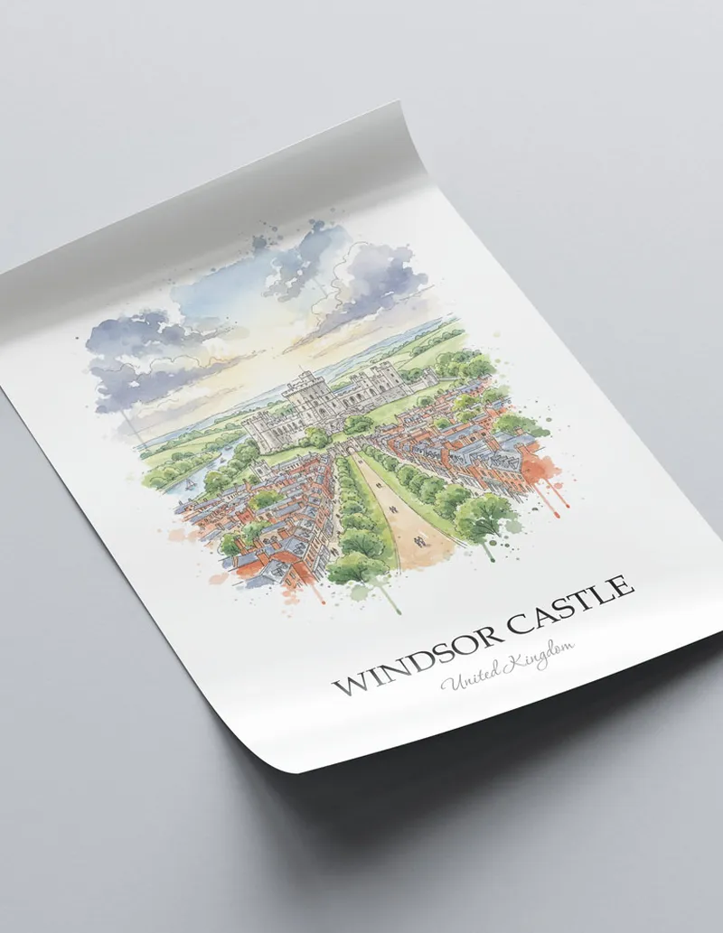 A close-up of a high-quality paper print featuring the Windsor Castle in United Kingdom minimalist design.