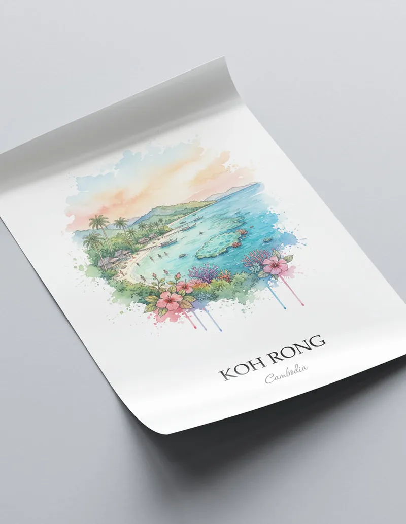 Framed wall art featuring Koh Rong in Cambodia in a light wood frame leaning on the floor.