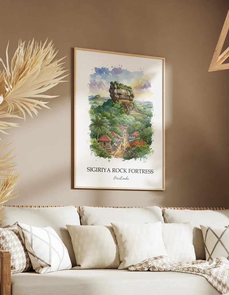 A gorgeous boho-inspired living space with a framed vintage travel poster of Sigiriya Rock Fortress in Sri Lanka on display.