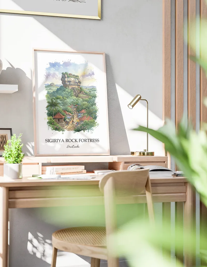 A clean and modern mockup showing a framed Sigiriya Rock Fortress, Sri Lanka print on a minimalist background.