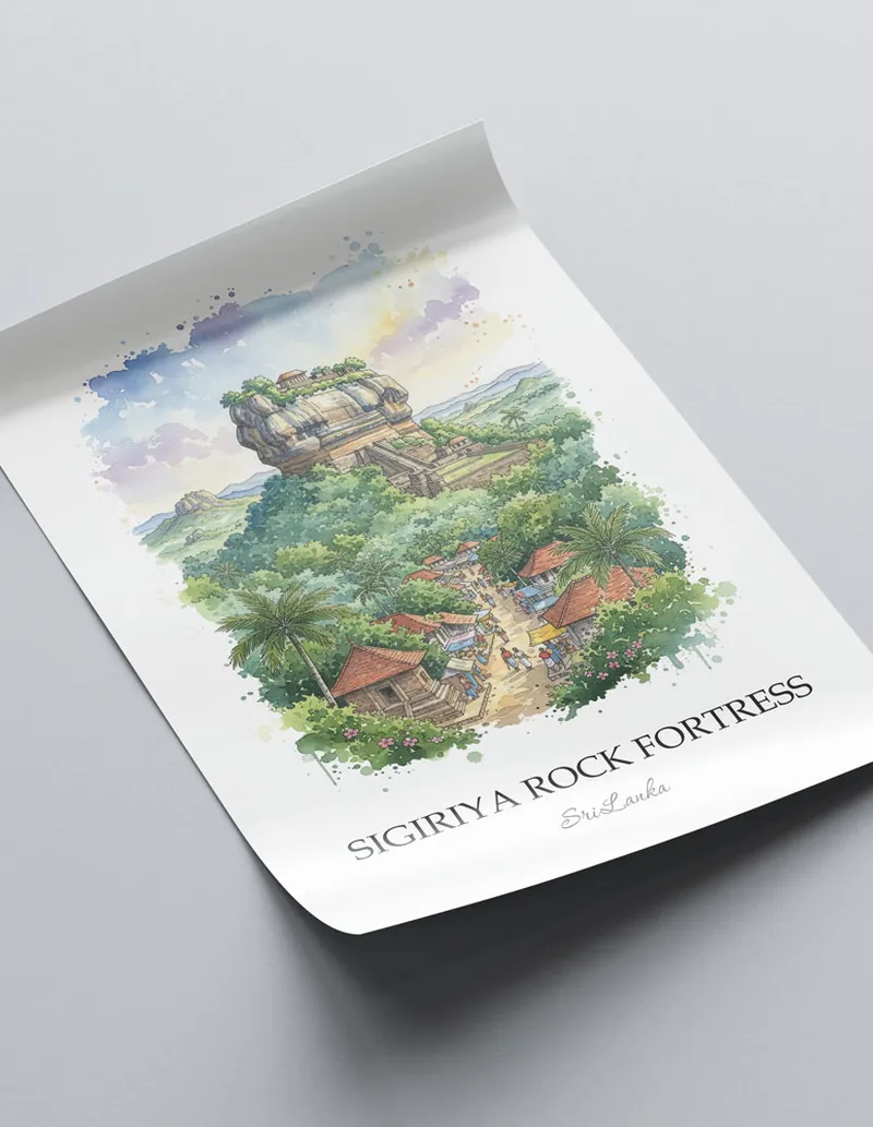 Framed wall art featuring Sigiriya Rock Fortress in Sri Lanka in a light wood frame leaning on the floor.
