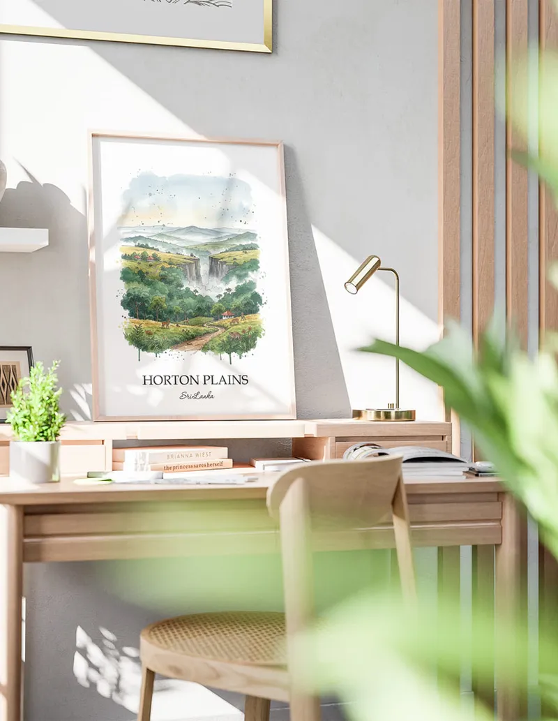 A clean and modern mockup showing a framed Horton Plains, Sri Lanka print on a minimalist background.
