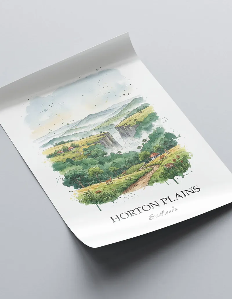Framed wall art featuring Horton Plains in Sri Lanka in a light wood frame leaning on the floor.
