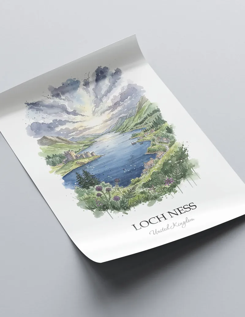 A close-up of a high-quality paper print featuring the Loch Ness in United Kingdom minimalist design.