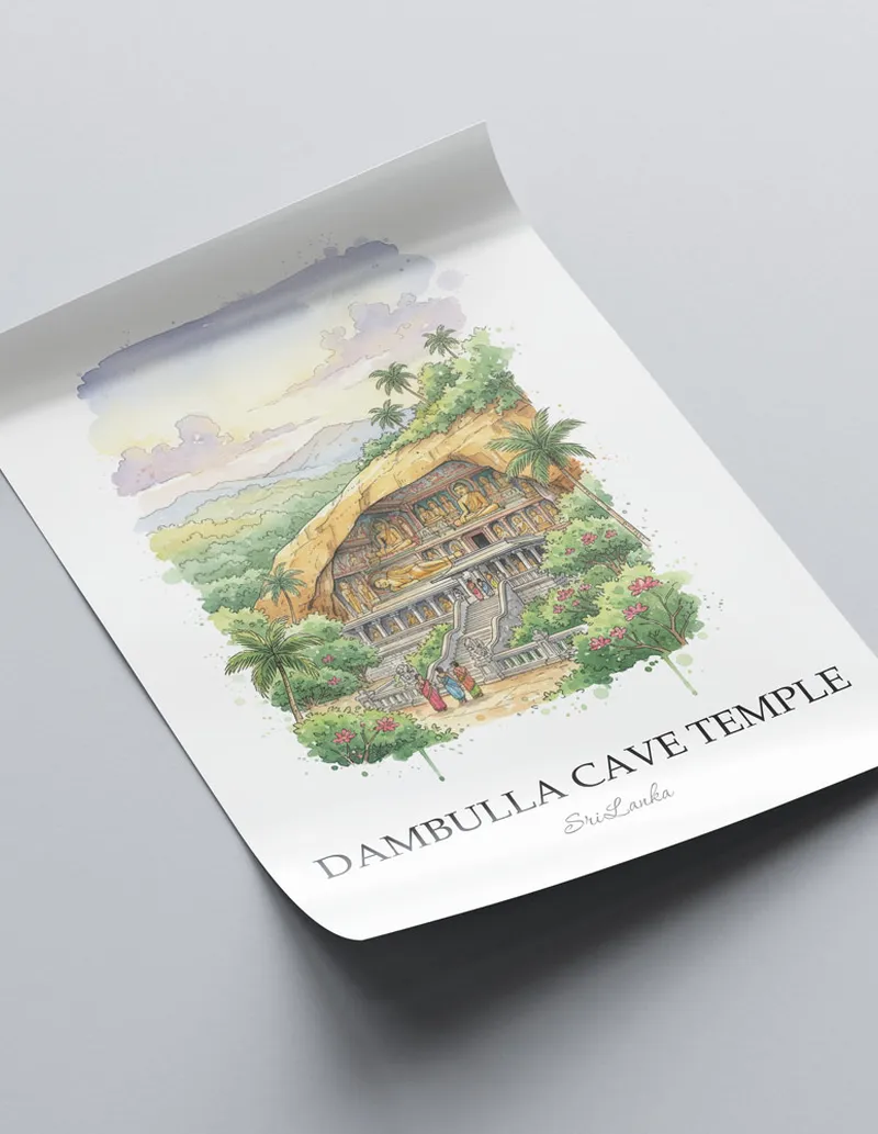 Framed wall art featuring Dambulla Cave Temple in Sri Lanka in a light wood frame leaning on the floor.