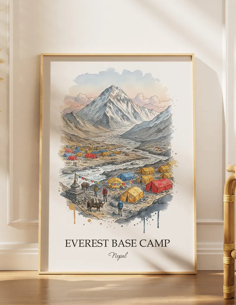 Minimalist poster of Everest Base Camp in Nepal in a light frame standing on the floor in a dark moody interior.
