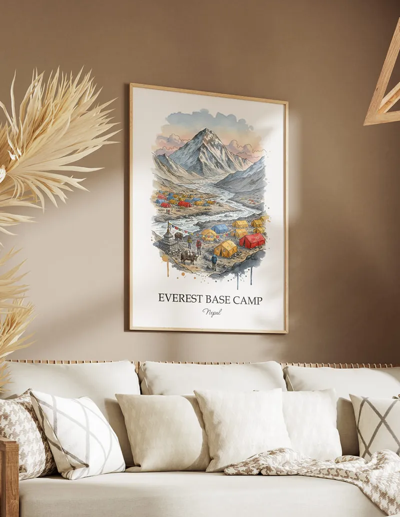 A gorgeous boho-inspired living space with a framed vintage travel poster of Everest Base Camp in Nepal on display.