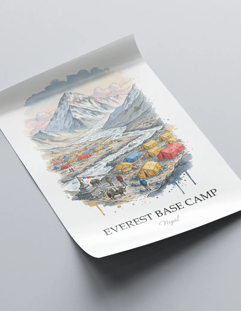 Framed wall art featuring Everest Base Camp in Nepal in a light wood frame leaning on the floor.