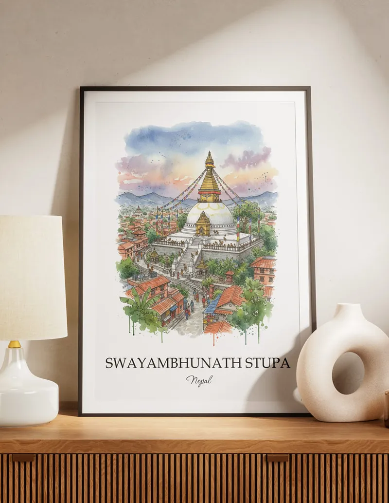 Minimalist poster of Swayambhunath Stupa in Nepal in a light frame standing by a window in a boho style room.