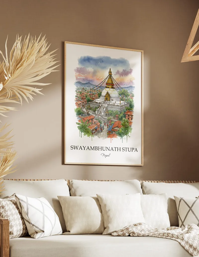 A gorgeous boho-inspired living space with a framed vintage travel poster of Swayambhunath Stupa in Nepal on display.