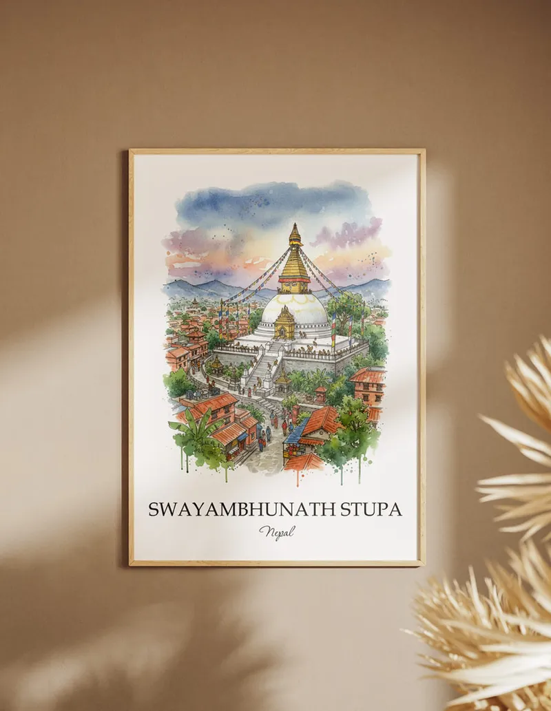 A close-up of a high-quality paper print featuring the Swayambhunath Stupa in Nepal minimalist design.