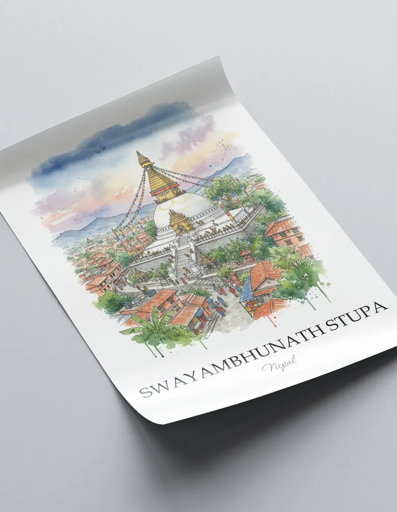 Framed wall art featuring Swayambhunath Stupa in Nepal in a light wood frame leaning on the floor.