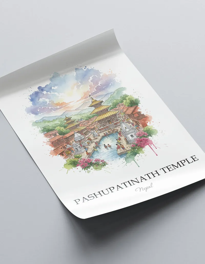 Framed wall art featuring Pashupatinath Temple in Nepal in a light wood frame leaning on the floor.