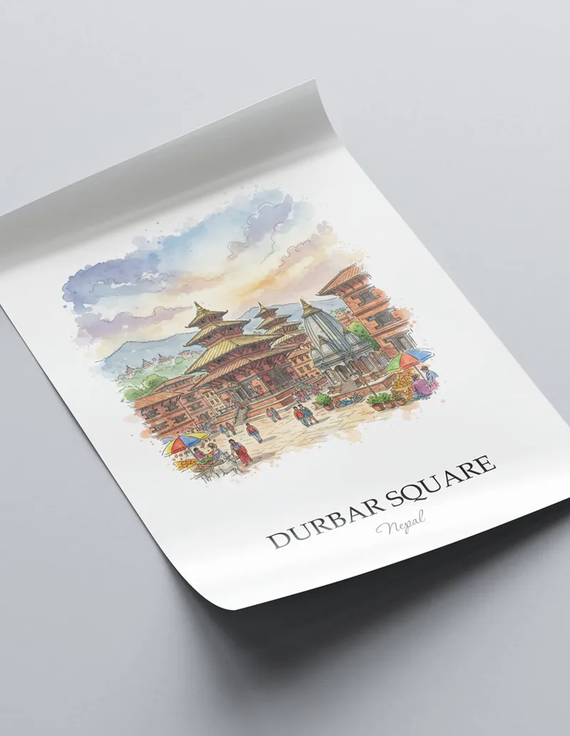 Framed wall art featuring Durbar Square in Nepal in a light wood frame leaning on the floor.
