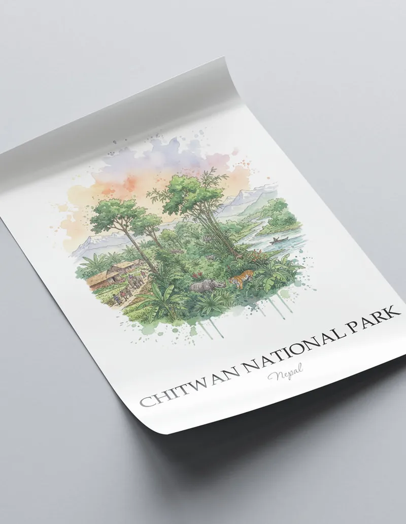 Framed wall art featuring Chitwan National Park in Nepal in a light wood frame leaning on the floor.