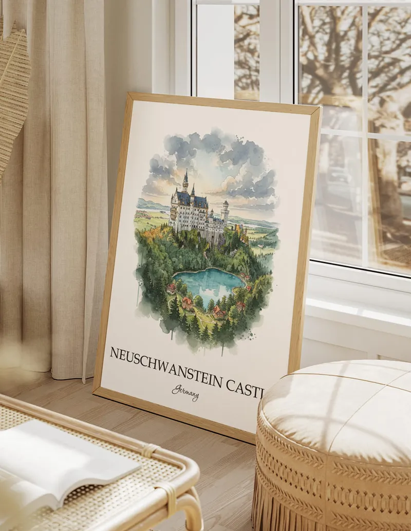 Minimalist poster of Neuschwanstein Castle in Germany in a light frame standing by a window in a boho style room.