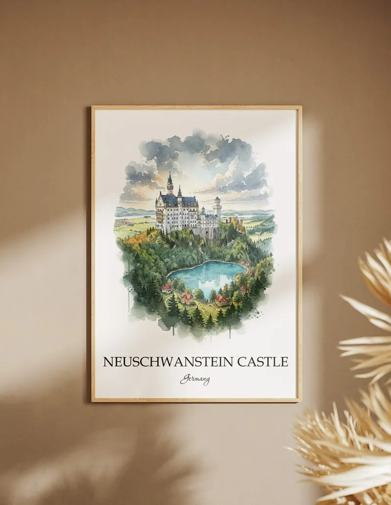 A clean and modern mockup showing a framed Neuschwanstein Castle, Germany print on a minimalist background.