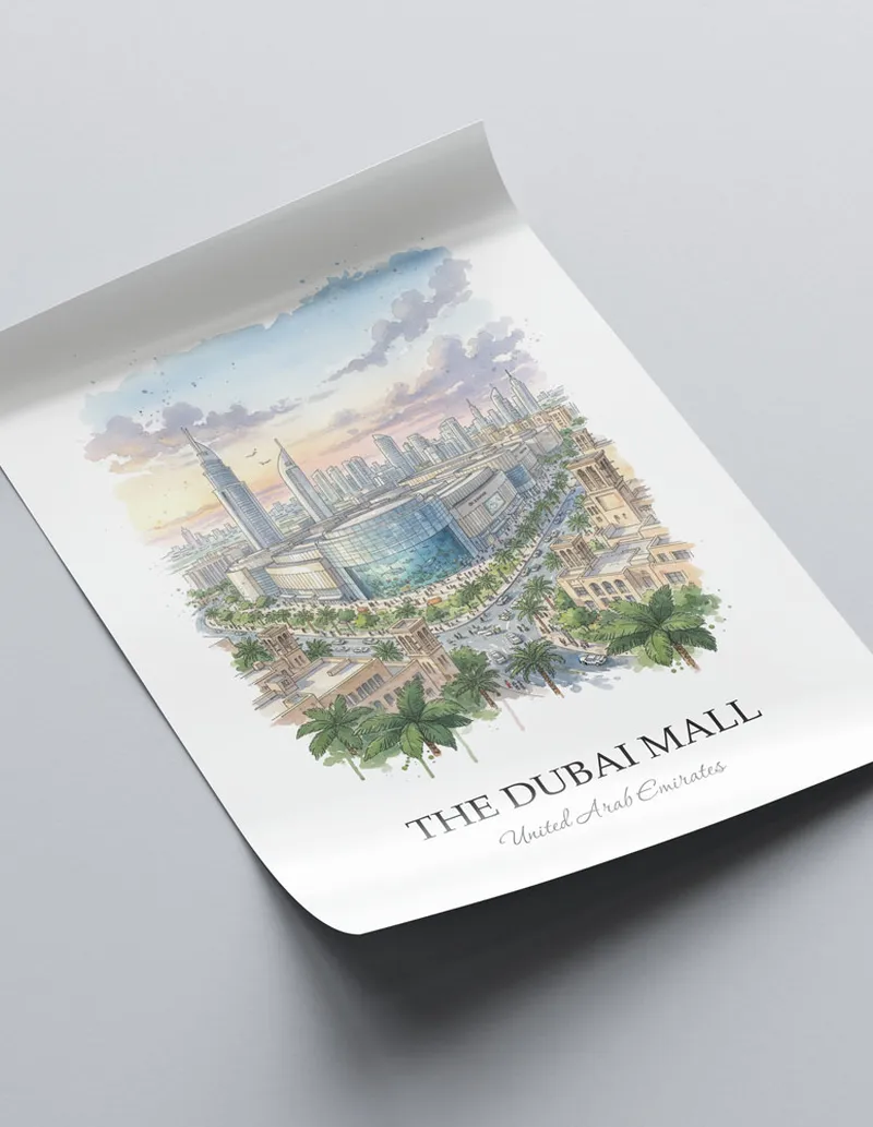Framed wall art featuring The Dubai Mall in UAE in a light wood frame leaning on the floor.