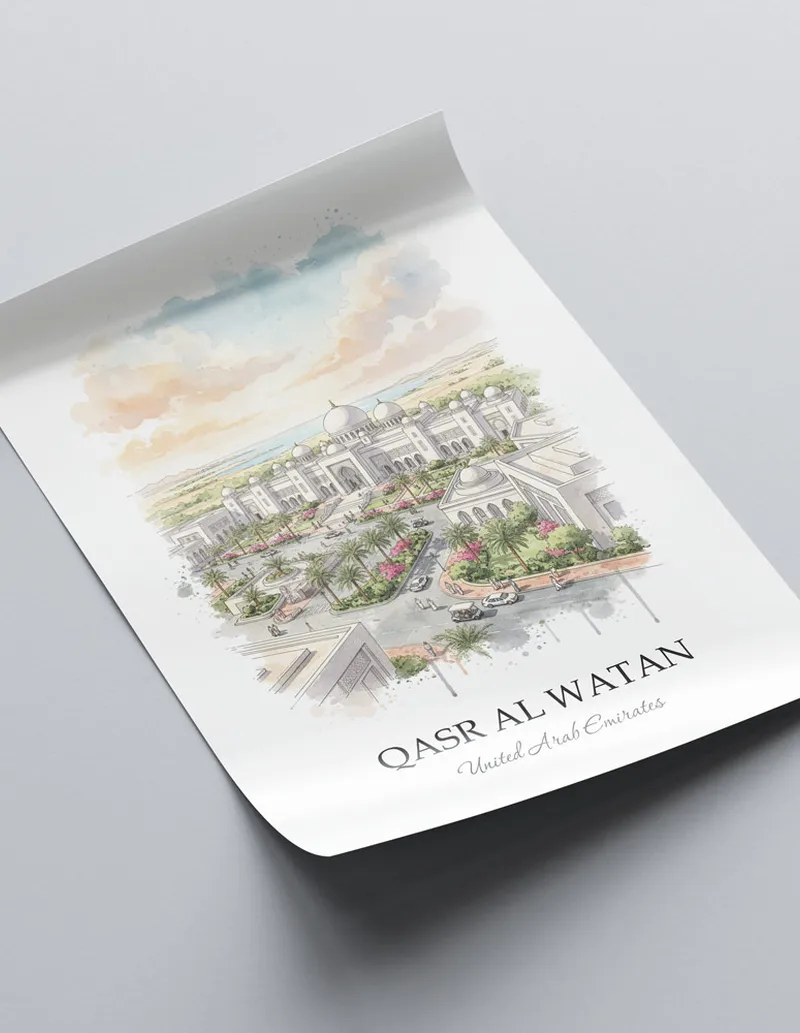 Framed wall art featuring Qasr Al Watan in UAE in a light wood frame leaning on the floor.