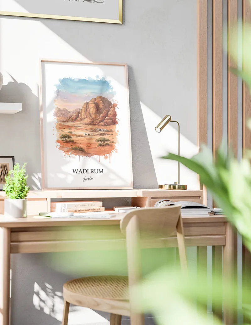 A clean and modern mockup showing a framed Wadi Rum, Jordan print on a minimalist background.