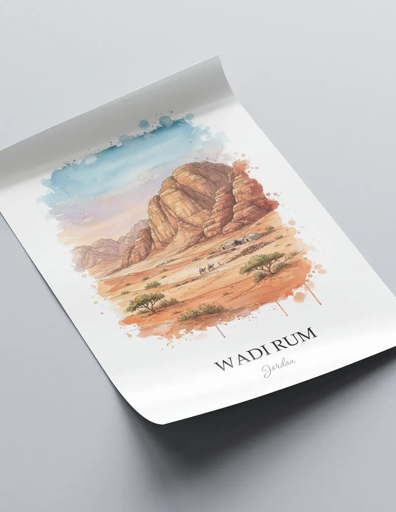 Framed wall art featuring Wadi Rum in Jordan in a light wood frame leaning on the floor.